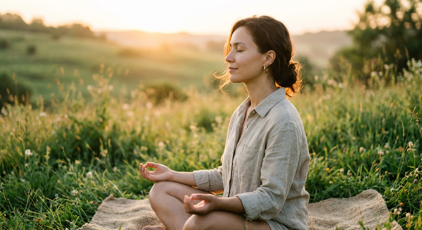 Person sitting peacefully outdoors at sunrise practicing breathwork
