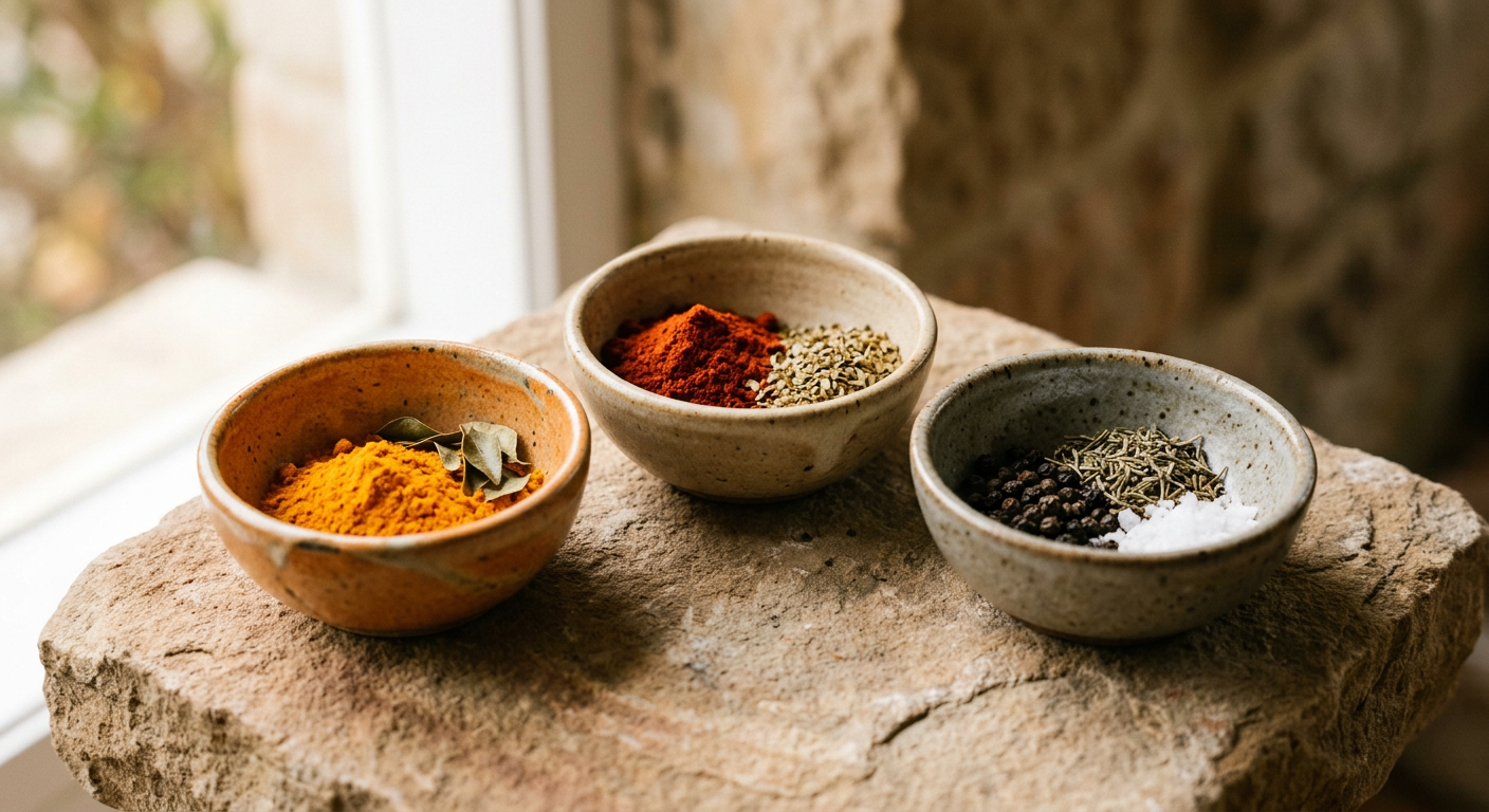 Three ceramic bowls of colorful spices on a sand-colored stone surface