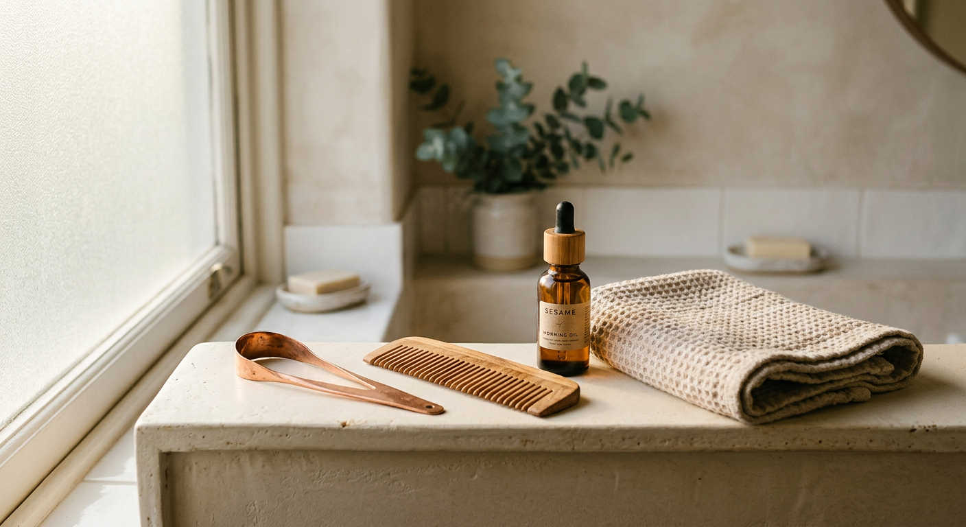 Copper tongue scraper, wooden comb and oil bottle on a cream shelf