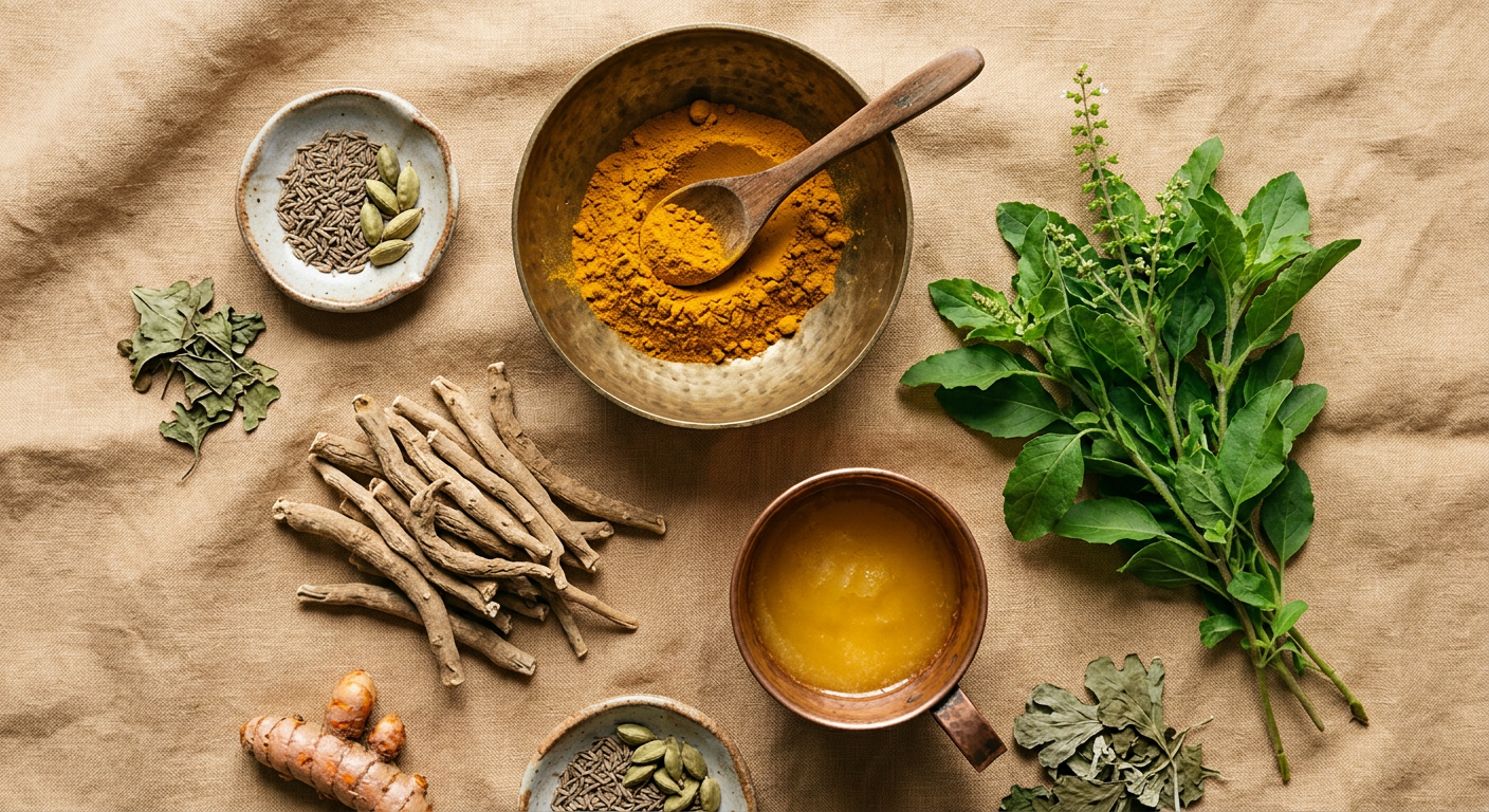 Turmeric, ashwagandha, tulsi and ghee arranged on linen